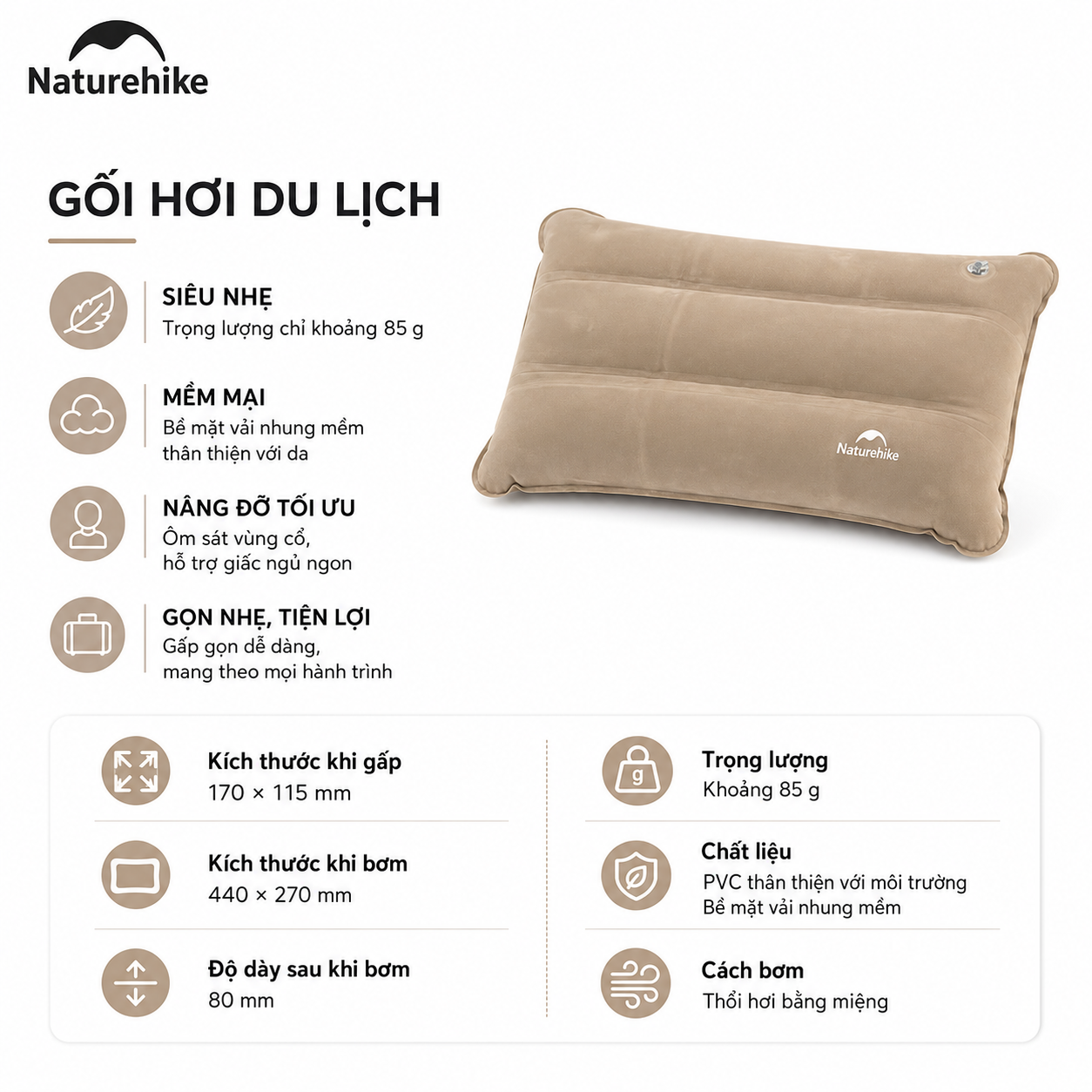 Gối Hơi Du Lịch Naturehike Siêu Nhẹ NH18F018-Z | Gối Bơm Hơi Camping Gấp Gọn, Vải Nhung Mềm, Gối Kê Cổ Ngủ Máy Bay