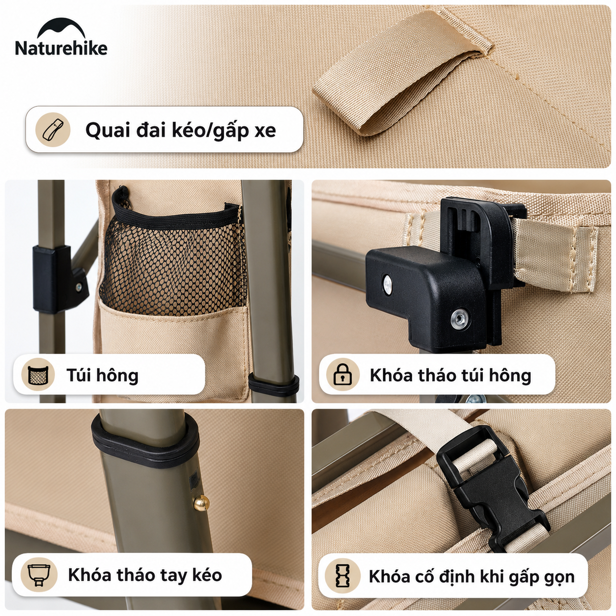 Xe Kéo Gấp Gọn Naturehike CNK2350JJ012 Có Phanh Bánh Trước - Xe Chở Đồ Cắm Trại Camping Gấp Gọn Khung Thép Carbon