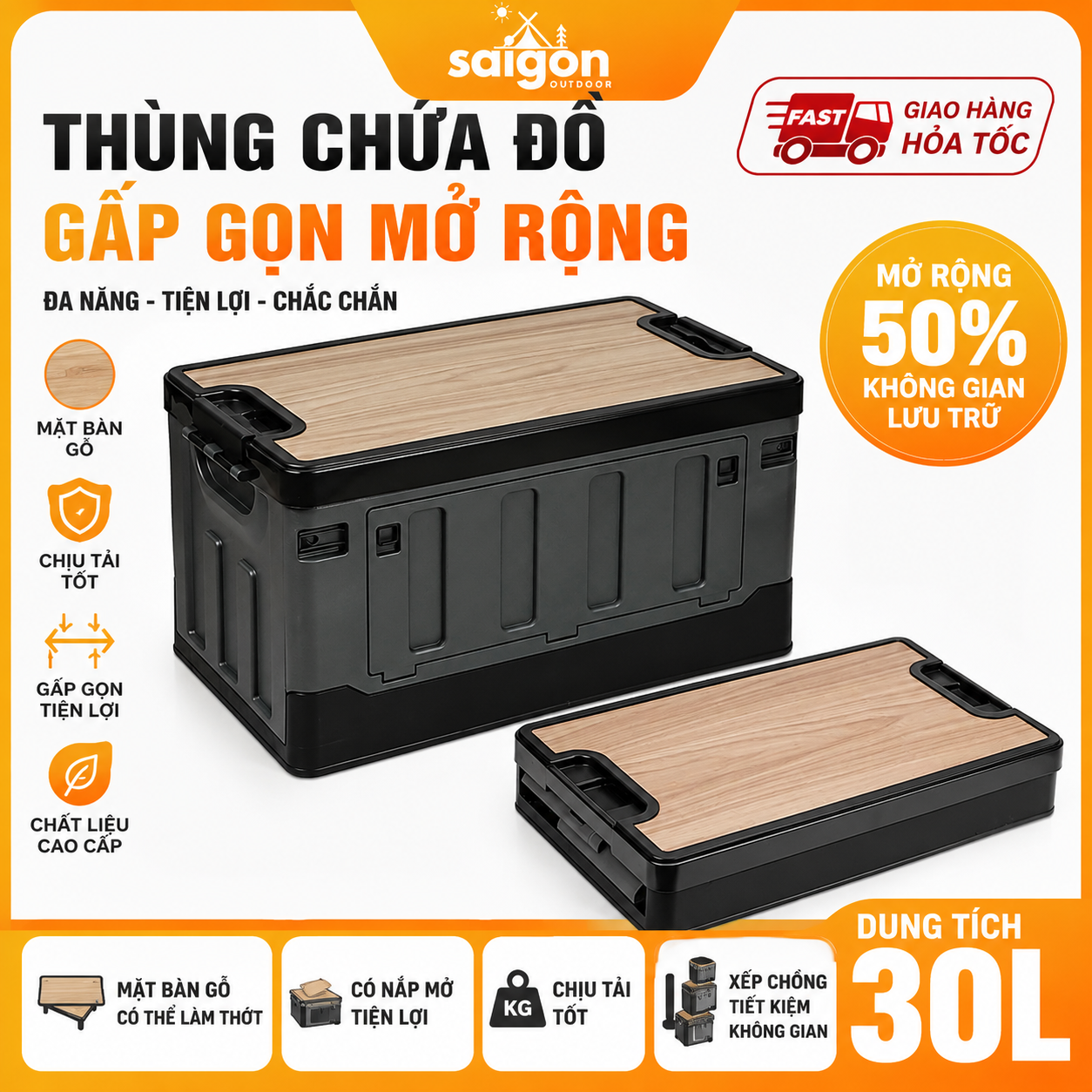 Thùng Bàn Chứa Đồ Mở Rộng Dã Ngoại 60L - Gấp Gọn Đa Năng