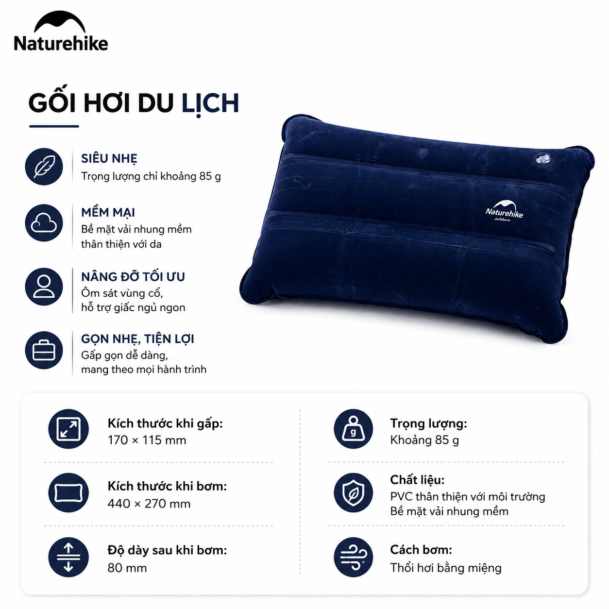 Gối Hơi Du Lịch Naturehike Siêu Nhẹ NH18F018-Z | Gối Bơm Hơi Camping Gấp Gọn, Vải Nhung Mềm, Gối Kê Cổ Ngủ Máy Bay