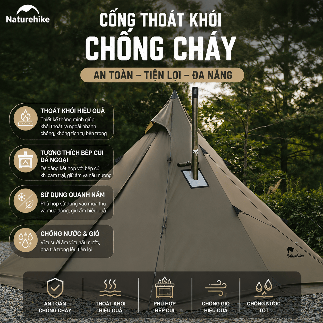Lều Naturehike CNK2300ZP025 Tipi 3-4 Người Có Lỗ Thoát Khói Chống Nước PU3000mm | Lều Dã Ngoại Dựng Nhanh Dùng Bếp Củi 4