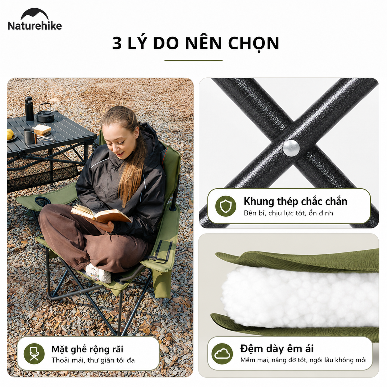 Ghế Xếp Camping Naturehike CNK2550JJ029 2 Ghế Gấp Gọn Có Đệm Dày, Tay Vịn Cứng, Túi Giữ Nhiệt, Khung Thép Carbon