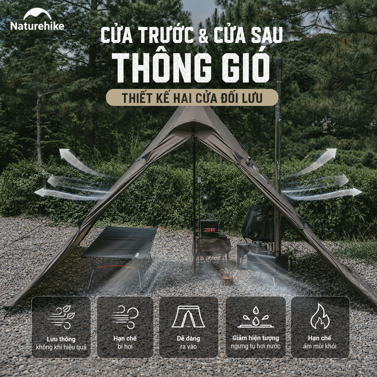 Lều Naturehike CNK2300ZP025 Tipi 3-4 Người Có Lỗ Thoát Khói Chống Nước PU3000mm | Lều Dã Ngoại Dựng Nhanh Dùng Bếp Củi 4