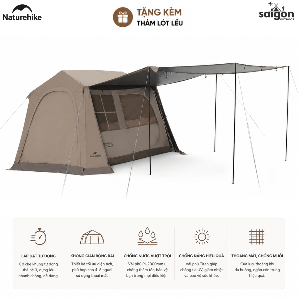 Naturehike CNK2650WS035 Lều Camping Village 6.0 III TiBlack Thế Hệ 3 Tự Bung Cabin 4-6 Người Chống Nắng Chống Mưa