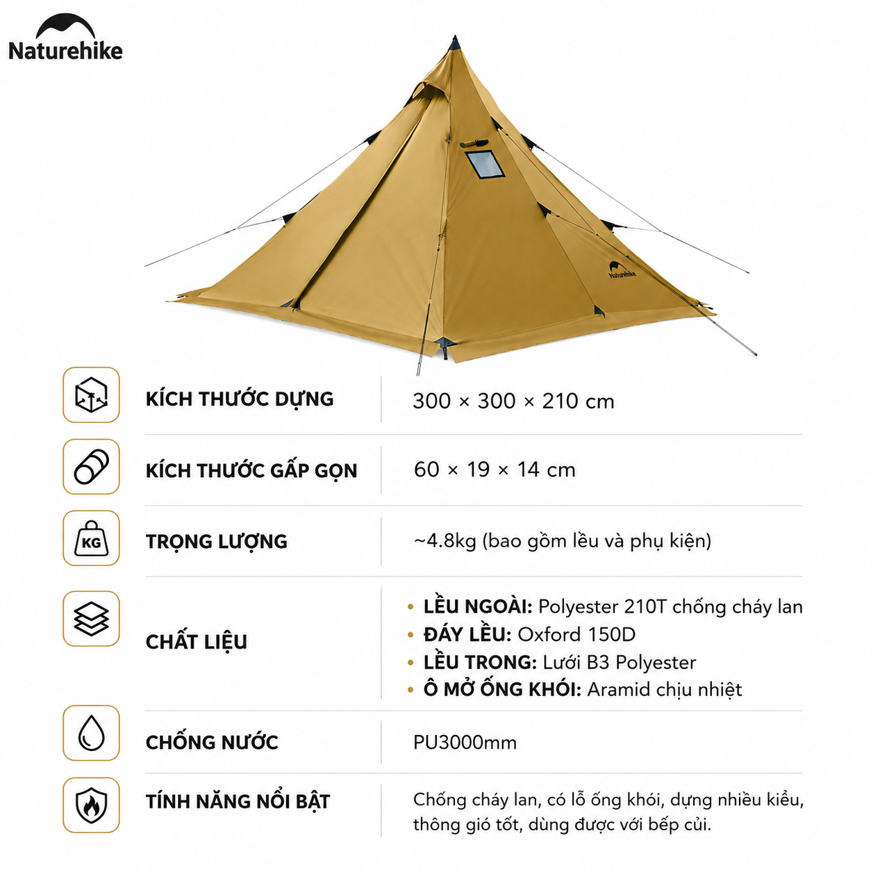 Lều Naturehike CNK2300ZP025 Tipi 3-4 Người Có Lỗ Thoát Khói Chống Nước PU3000mm | Lều Dã Ngoại Dựng Nhanh Dùng Bếp Củi 4