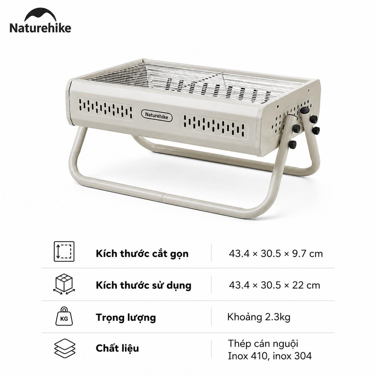 Bếp Nướng Than Hoa Naturehike CNK2650CF011 Gấp Gọn Inox 304 & Inox 410 - Bếp BBQ Dã Ngoại Camping Có Tay Xách, Tháo Rời