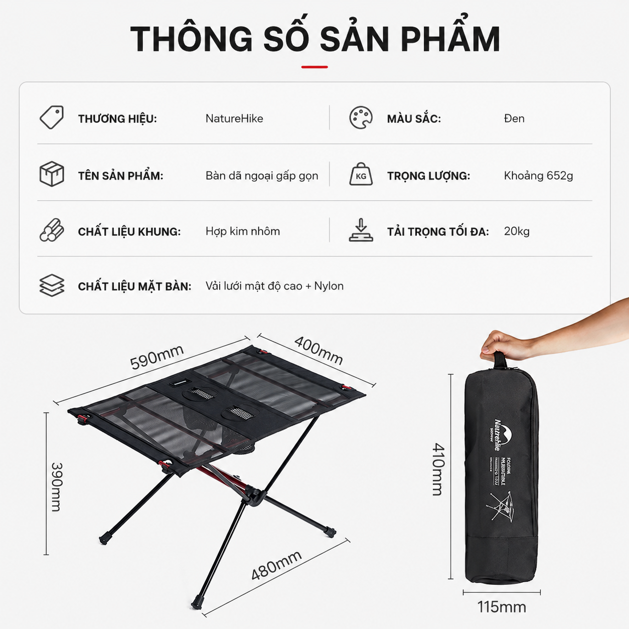 Bàn Camping Gấp Gọn Naturehike Siêu Nhẹ Có 2 Ngăn Đựng Cốc - Bàn Dã Ngoại Khung Hợp Kim Nhôm NH19Z027-Z