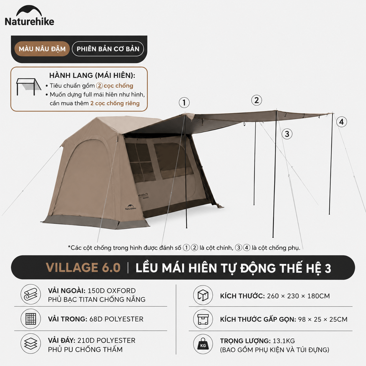 Naturehike Lều Camping Village 6.0 III TiBlack Thế Hệ 3 Tự Bung Cabin 4-6 Người Chống Nắng Chống Mưa - CNK2650WS035
