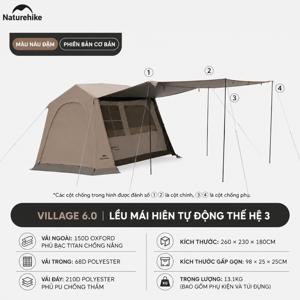 Naturehike CNK2650WS035 Lều Camping Village 6.0 III TiBlack Thế Hệ 3 Tự Bung Cabin 4-6 Người Chống Nắng Chống Mưa
