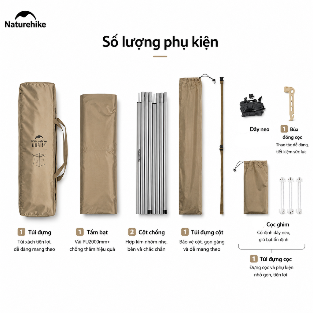 Bạt Che Nắng Naturehike CNK2350WS015| Bạt Camping Dã Ngoại Kèm Cột 2.2m Chống Nắng Chống Mưa