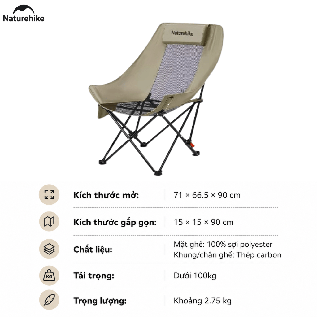 Ghế Xếp Camping Naturehike CNK2550JJ019 Gấp Gọn Siêu Nhẹ Khung Thép Carbon, Ghế Dã Ngoại Tựa Lưng Cao Thoáng Khí Chịu Tải 100kg