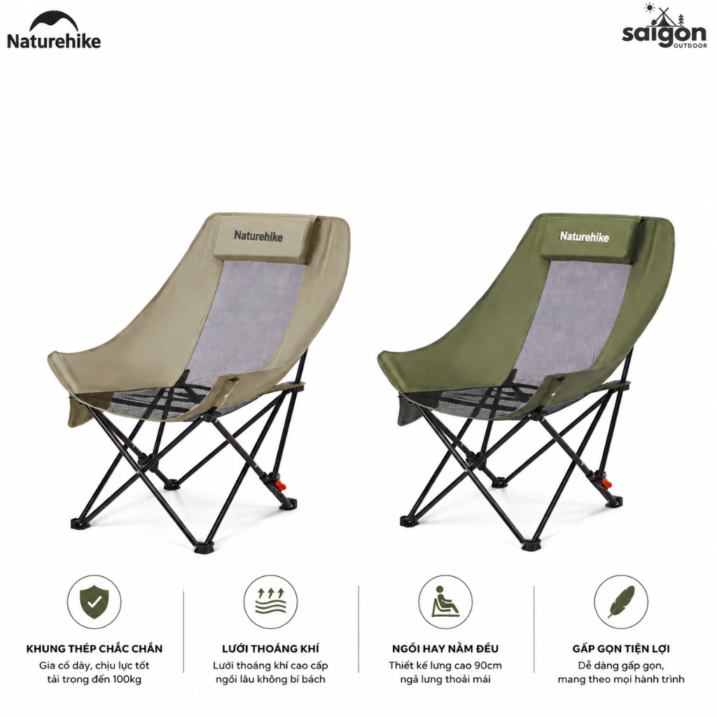 Ghế Xếp Camping Naturehike CNK2550JJ019 Gấp Gọn Siêu Nhẹ Khung Thép Carbon, Ghế Dã Ngoại Tựa Lưng Cao Thoáng Khí Chịu Tải 100kg