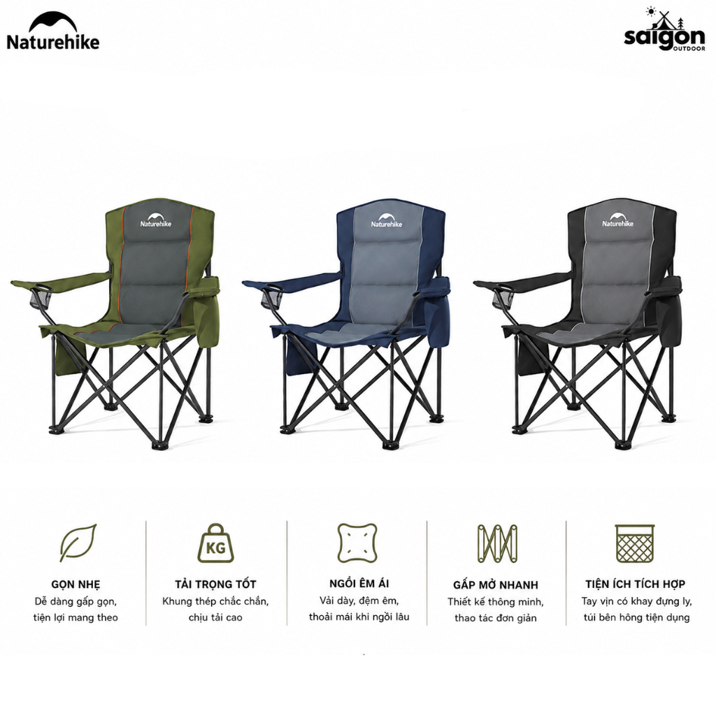 Ghế Xếp Camping Naturehike CNK2550JJ029 2 Ghế Gấp Gọn Có Đệm Dày, Tay Vịn Cứng, Túi Giữ Nhiệt, Khung Thép Carbon