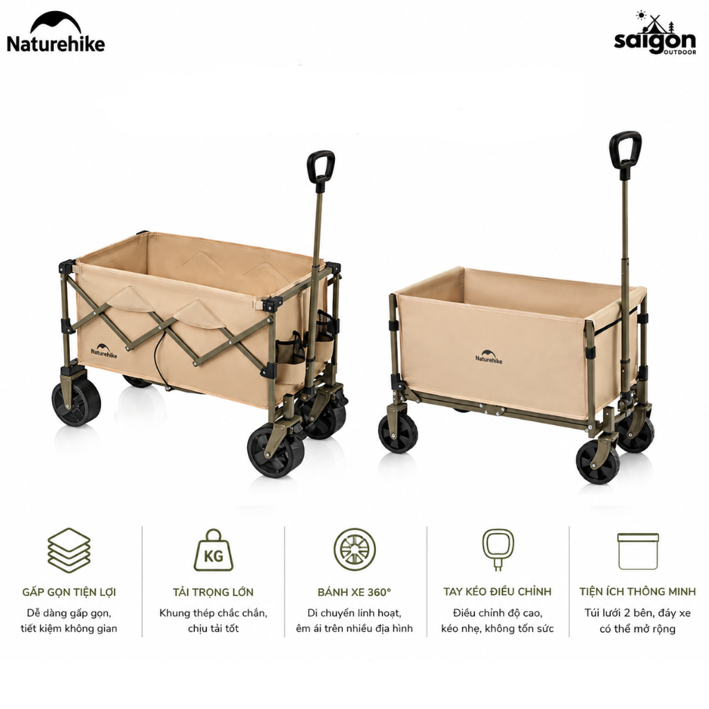 Xe Kéo Gấp Gọn Naturehike CNK2350JJ012 Có Phanh Bánh Trước - Xe Chở Đồ Cắm Trại Camping Gấp Gọn Khung Thép Carbon