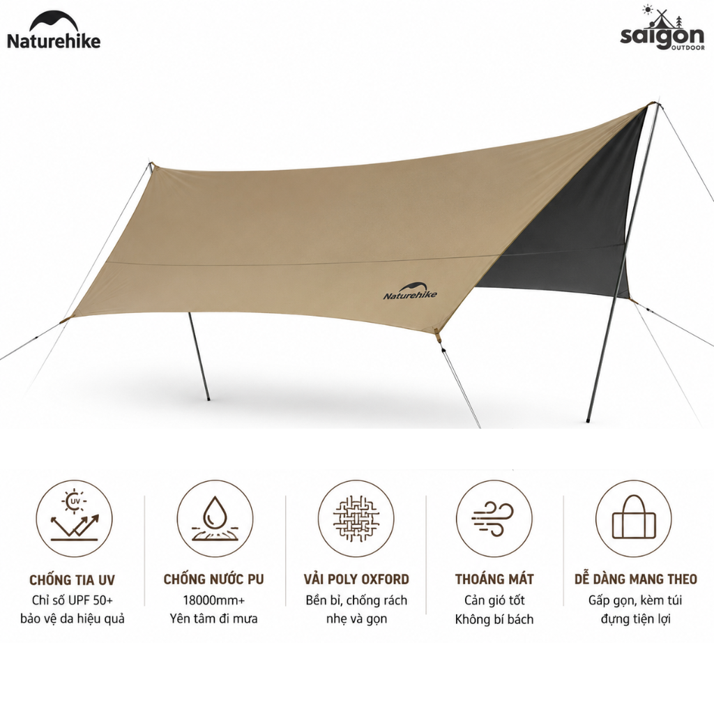 Bạt Che Nắng Naturehike CNK2350WS015| Bạt Camping Dã Ngoại Kèm Cột 2.2m Chống Nắng Chống Mưa