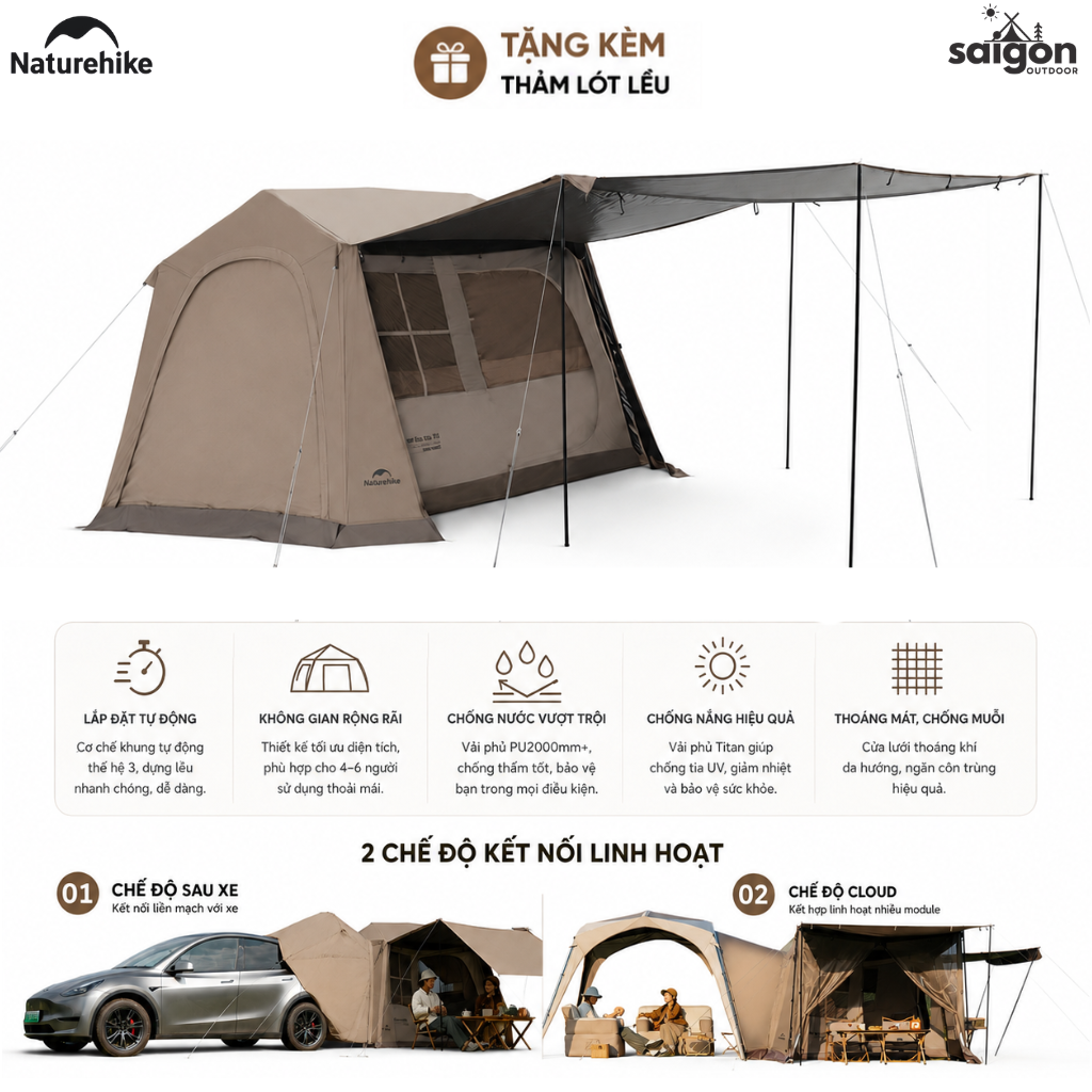 Naturehike CNK2650WS035 Lều Camping Village 6.0 III TiBlack Thế Hệ 3 Tự Bung Cabin 4-6 Người Chống Nắng Chống Mưa