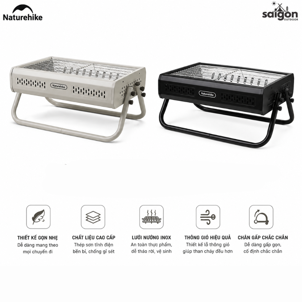 Bếp Nướng Than Hoa Naturehike CNK2650CF011 Gấp Gọn Inox 304 & Inox 410 - Bếp BBQ Dã Ngoại Camping Có Tay Xách, Tháo Rời