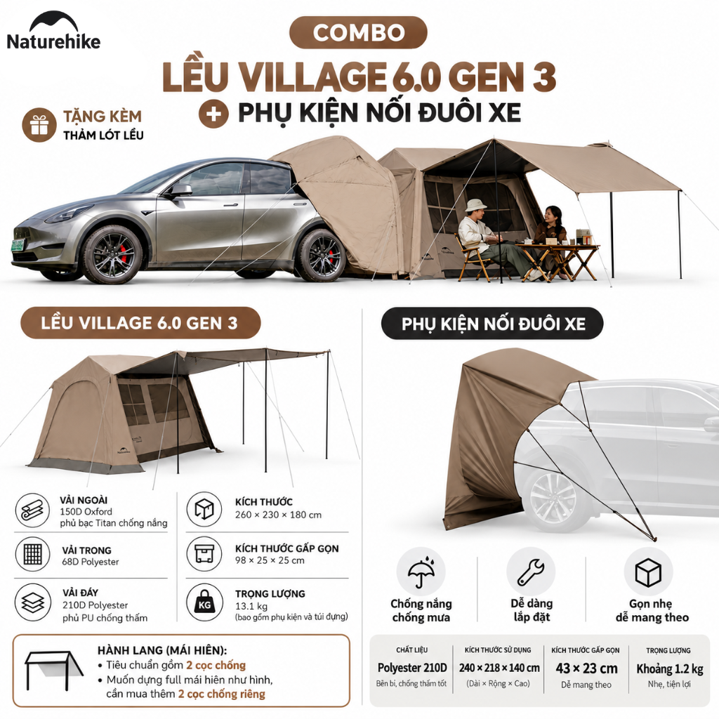 Lều Camping Village 6.0 III TiBlack Thế Hệ 3 Tự Bung Cabin 4-6 Người Chống Nắng Chống Mưa - CNK2650WS035