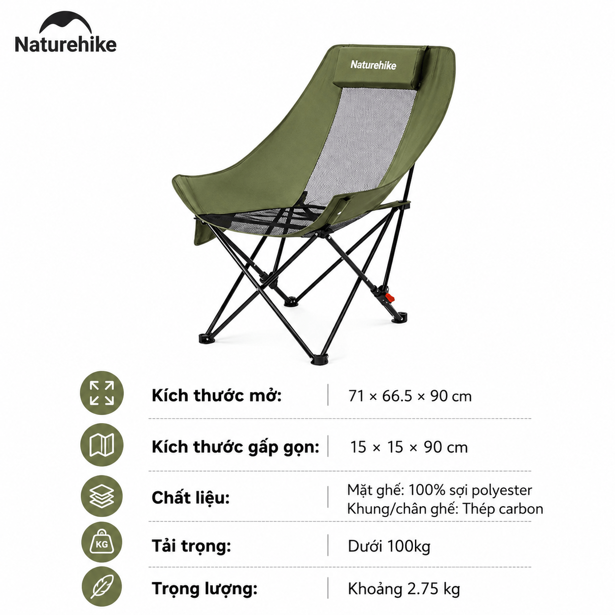 Ghế Xếp Camping Naturehike CNK2550JJ019 Gấp Gọn Siêu Nhẹ Khung Thép Carbon, Ghế Dã Ngoại Tựa Lưng Cao Thoáng Khí Chịu Tải 100kg
