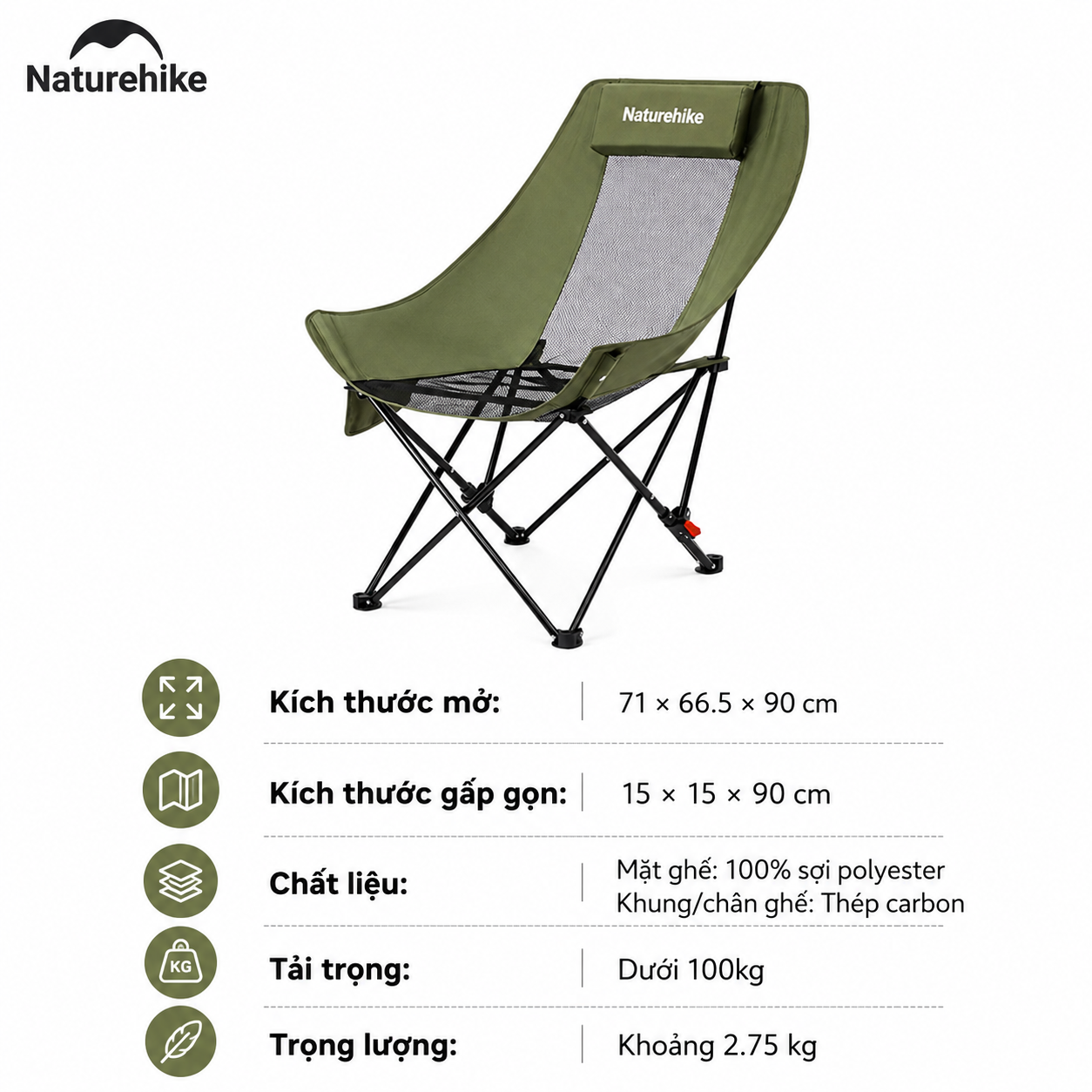Ghế Xếp Camping Naturehike CNK2550JJ019 Gấp Gọn Siêu Nhẹ Khung Thép Carbon, Ghế Dã Ngoại Tựa Lưng Cao Thoáng Khí Chịu Tải 100kg