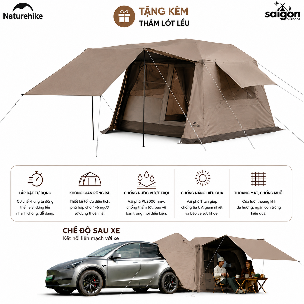 Naturehike CNK2650WS035 Lều Camping Village 6.0 III TiBlack Thế Hệ 3 Tự Bung Cabin 4-6 Người Chống Nắng Chống Mưa