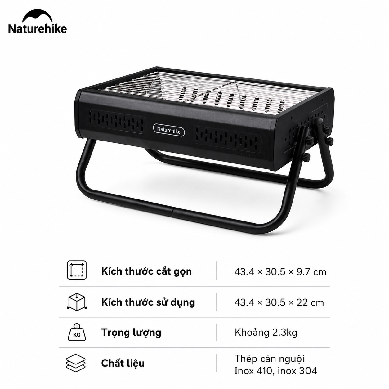Bếp Nướng Than Hoa Naturehike CNK2650CF011 Gấp Gọn Inox 304 & Inox 410 - Bếp BBQ Dã Ngoại Camping Có Tay Xách, Tháo Rời