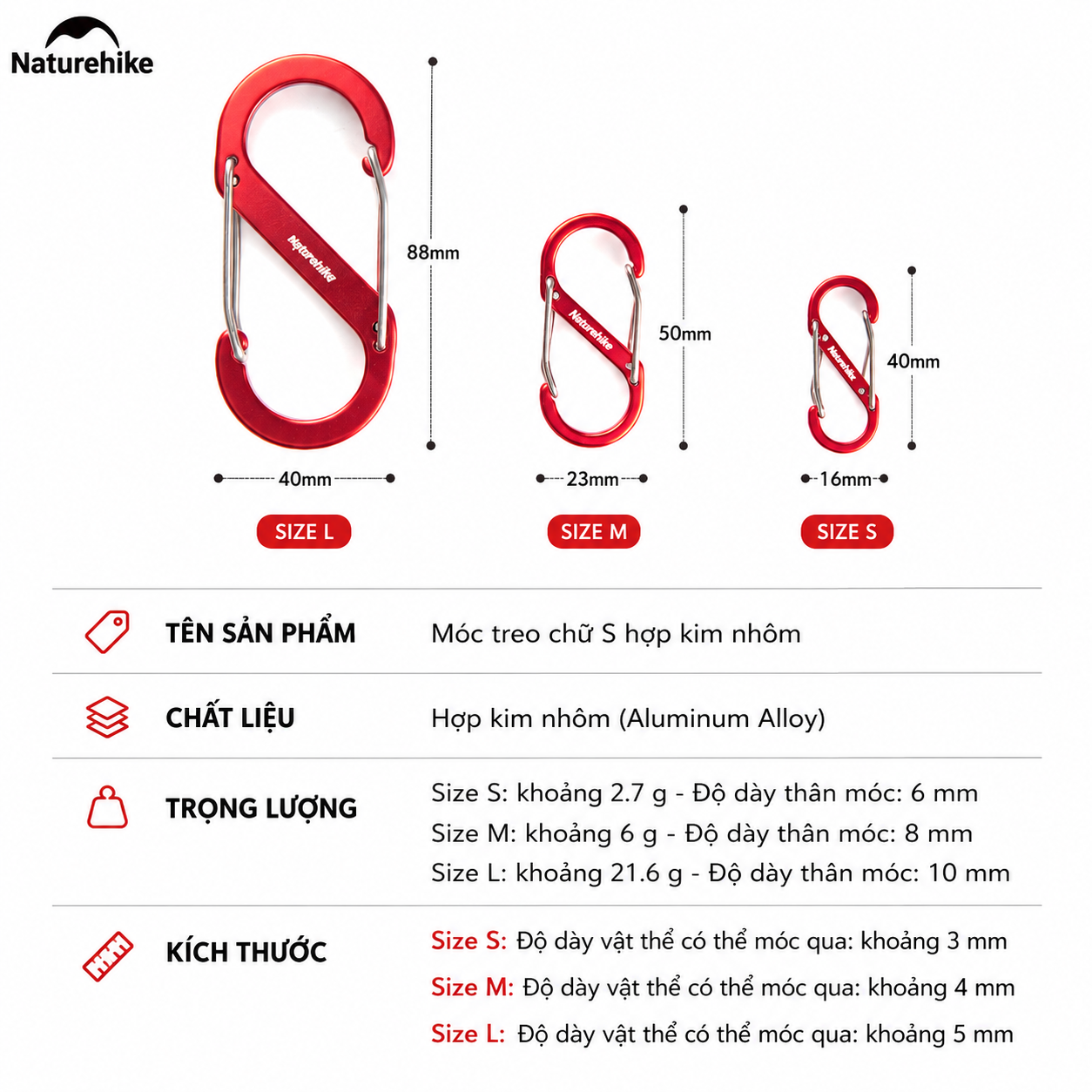 Móc Treo Chữ S NH20GS004 Naturehike Hợp Kim Nhôm Siêu Nhẹ Mini Đa Năng Treo Đèn, Bình Nước, Chìa Khóa, Phụ Kiện Campin