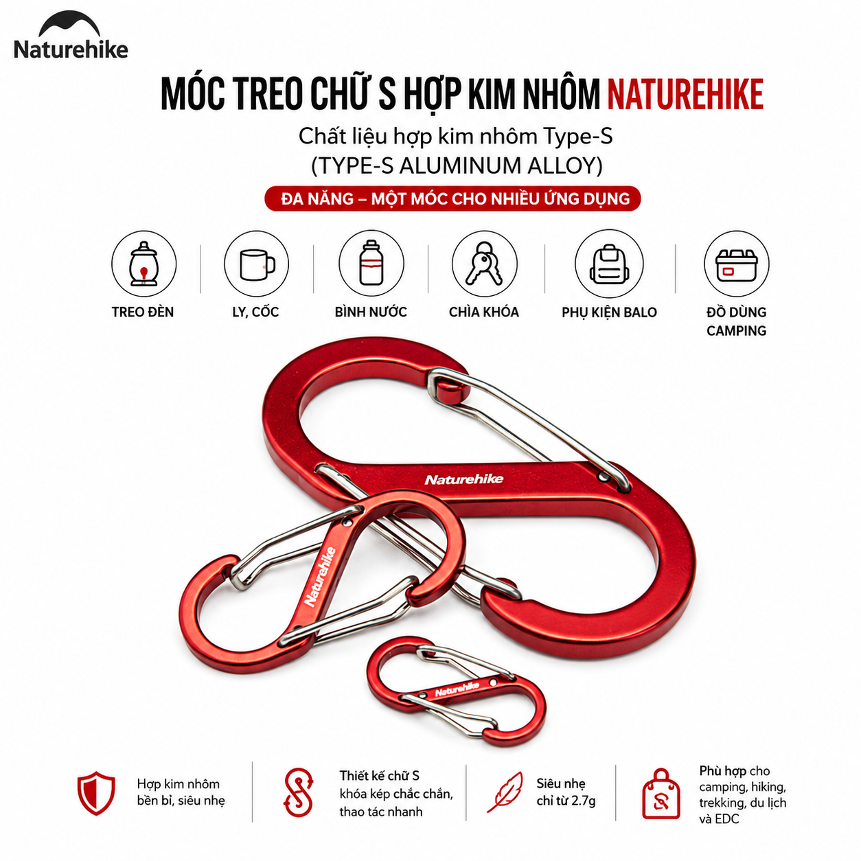Móc Treo Chữ S NH20GS004 Naturehike Hợp Kim Nhôm Siêu Nhẹ Mini Đa Năng Treo Đèn, Bình Nước, Chìa Khóa, Phụ Kiện Campin