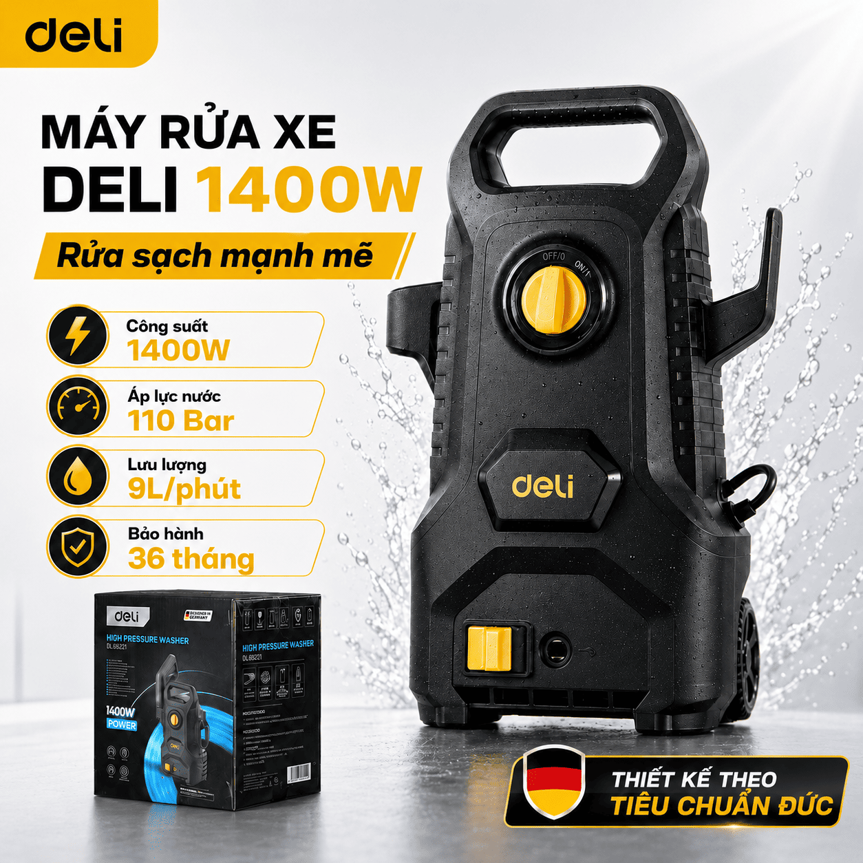 Bộ Máy Rửa Xe Gia Đình DELI 1400W Cao Cấp, Máy Bơm Xịt Rửa Xe Máy Ô Tô Cao Áp 110 Bar