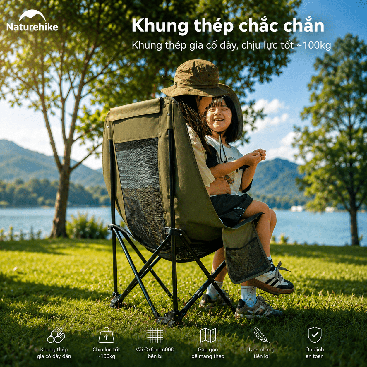 Ghế Xếp Camping Naturehike CNK2550JJ019 Gấp Gọn Siêu Nhẹ Khung Thép Carbon, Ghế Dã Ngoại Tựa Lưng Cao Thoáng Khí Chịu Tải 100kg