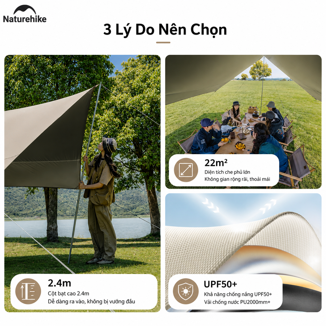 Bạt Che Nắng Naturehike CNK2350WS015| Bạt Camping Dã Ngoại Kèm Cột 2.2m Chống Nắng Chống Mưa