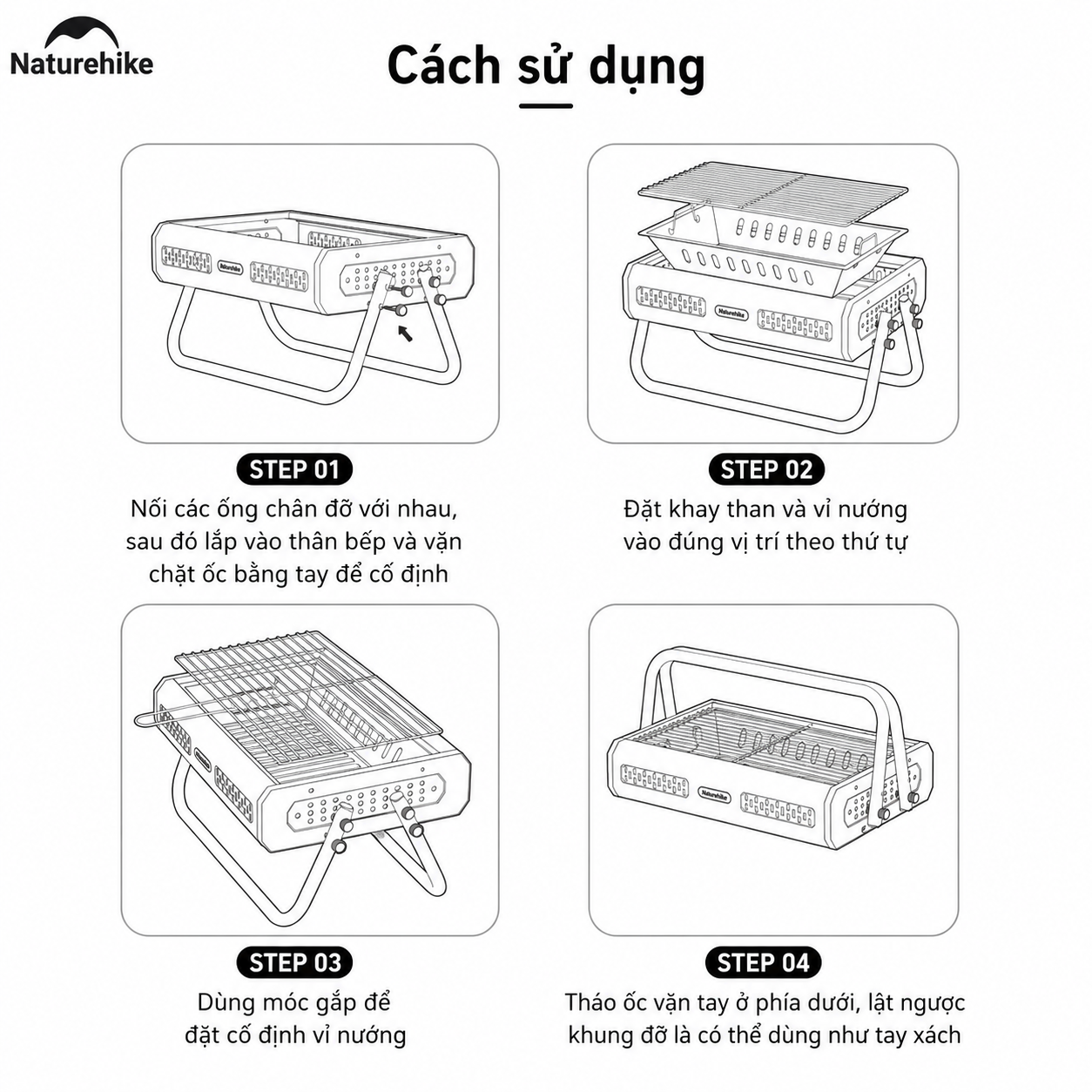 Bếp Nướng Than Hoa Naturehike CNK2650CF011 Gấp Gọn Inox 304 & Inox 410 - Bếp BBQ Dã Ngoại Camping Có Tay Xách, Tháo Rời
