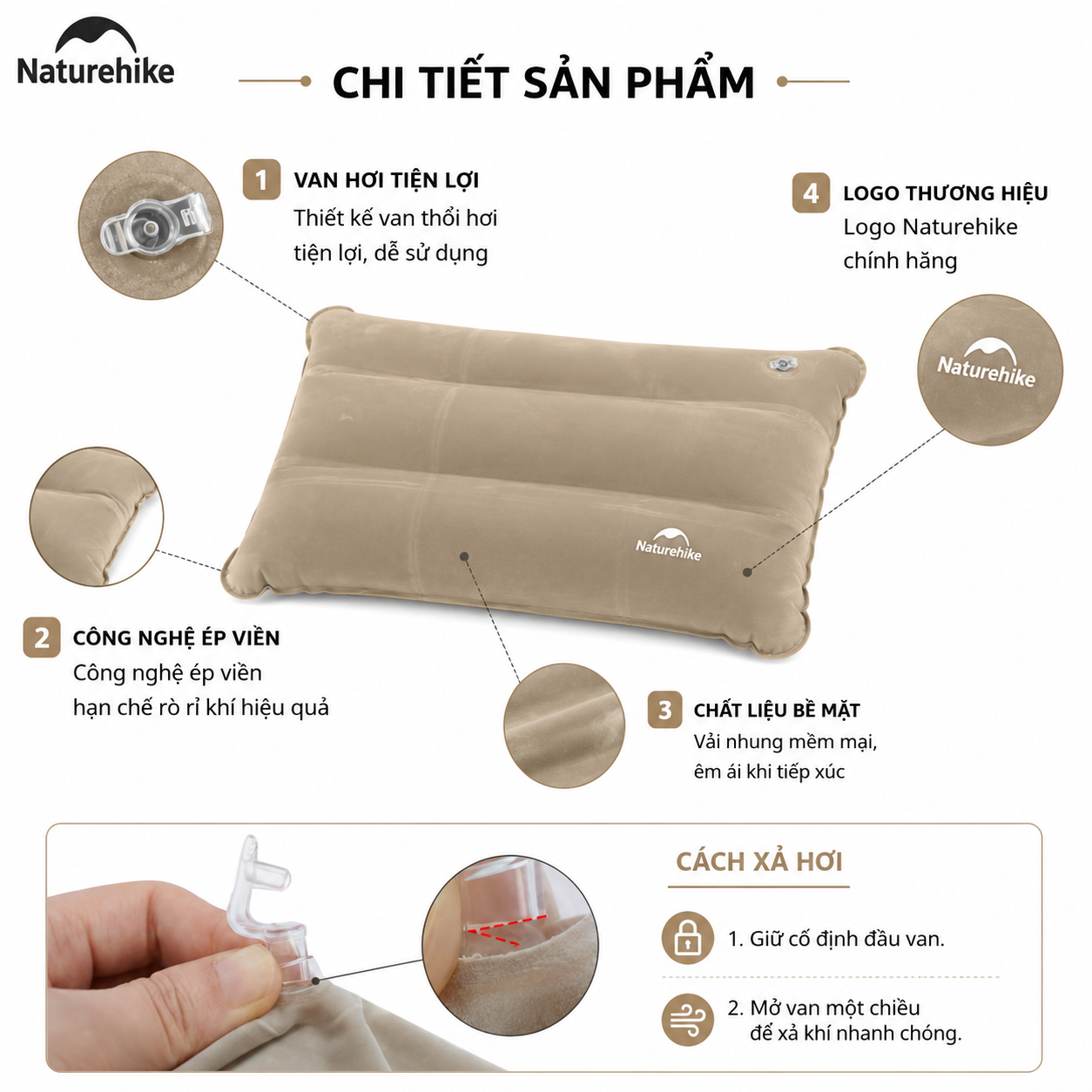 Gối Hơi Du Lịch Naturehike Siêu Nhẹ NH18F018-Z | Gối Bơm Hơi Camping Gấp Gọn, Vải Nhung Mềm, Gối Kê Cổ Ngủ Máy Bay