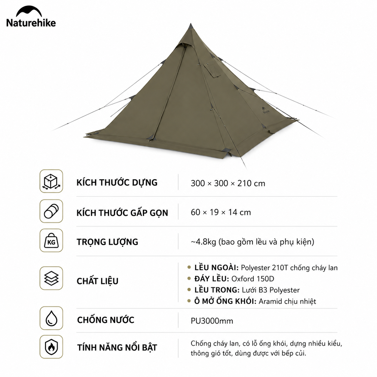 Lều Naturehike CNK2300ZP025 Tipi 3-4 Người Có Lỗ Thoát Khói Chống Nước PU3000mm | Lều Dã Ngoại Dựng Nhanh Dùng Bếp Củi 4