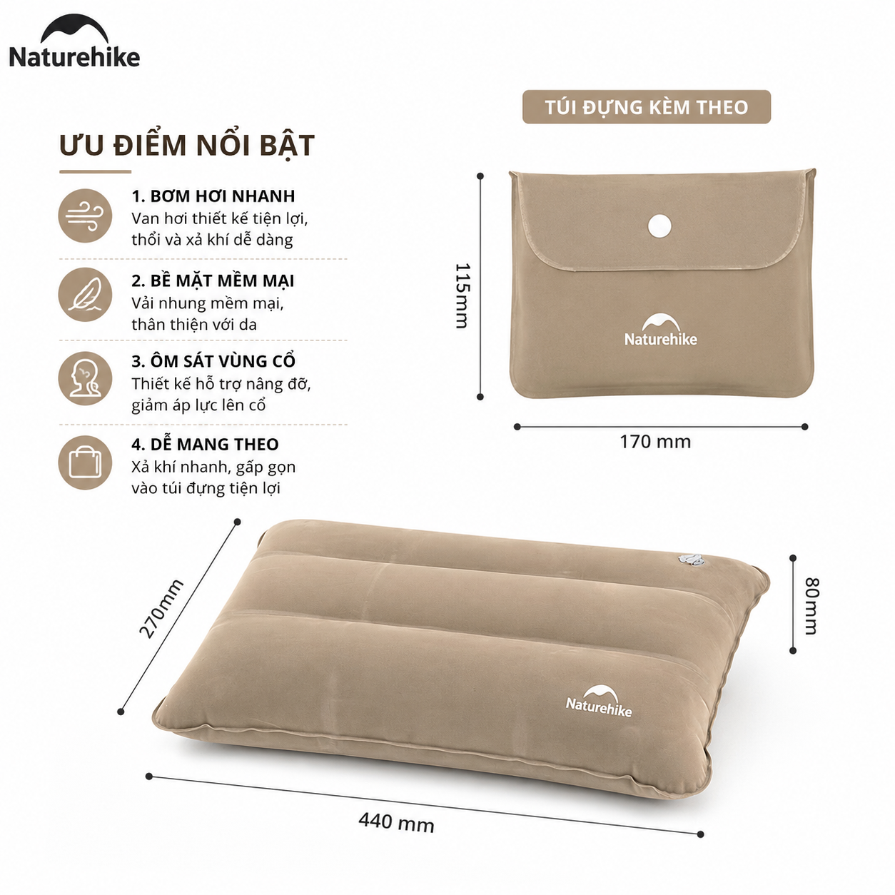 Gối Hơi Du Lịch Naturehike Siêu Nhẹ NH18F018-Z | Gối Bơm Hơi Camping Gấp Gọn, Vải Nhung Mềm, Gối Kê Cổ Ngủ Máy Bay