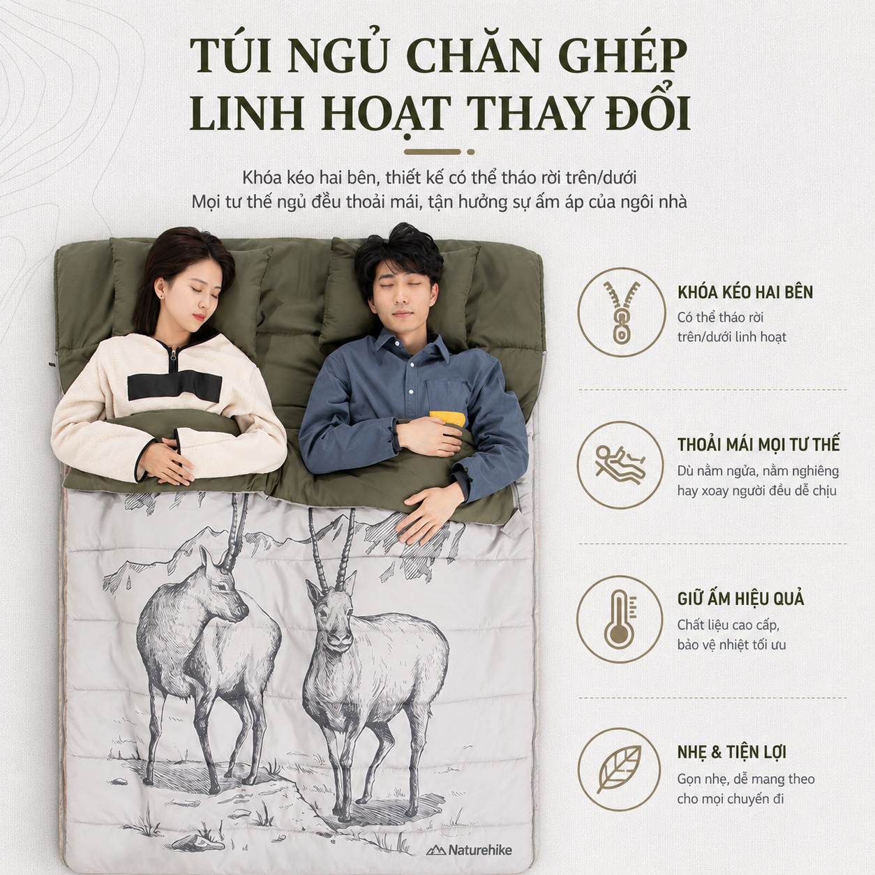 Túi Ngủ Đôi Naturehike Cho 2 Người, Giữ Ấm 15°C, Kèm 2 Gối & Túi Đựng, Camping Dã Ngoại NH21MSD06