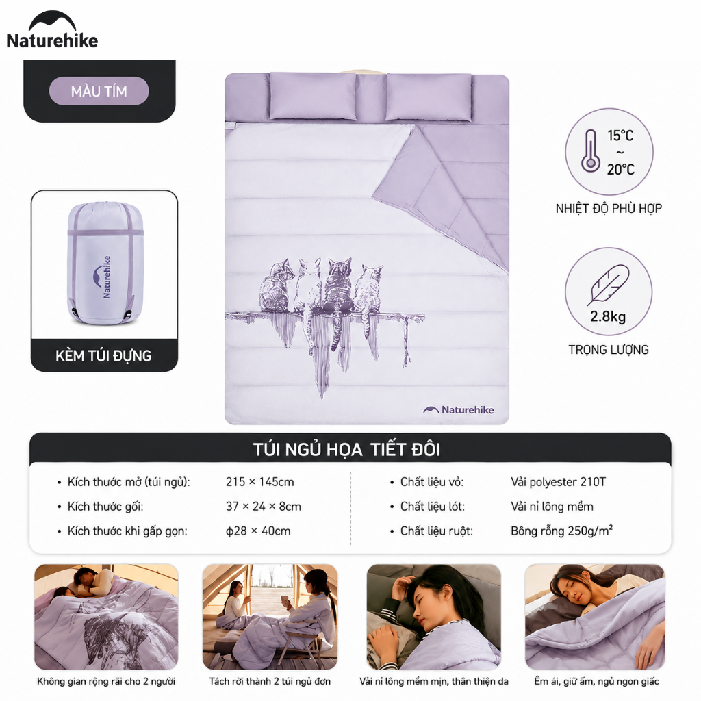 Túi Ngủ Đôi Naturehike Cho 2 Người, Giữ Ấm 15°C, Kèm 2 Gối & Túi Đựng, Camping Dã Ngoại NH21MSD06