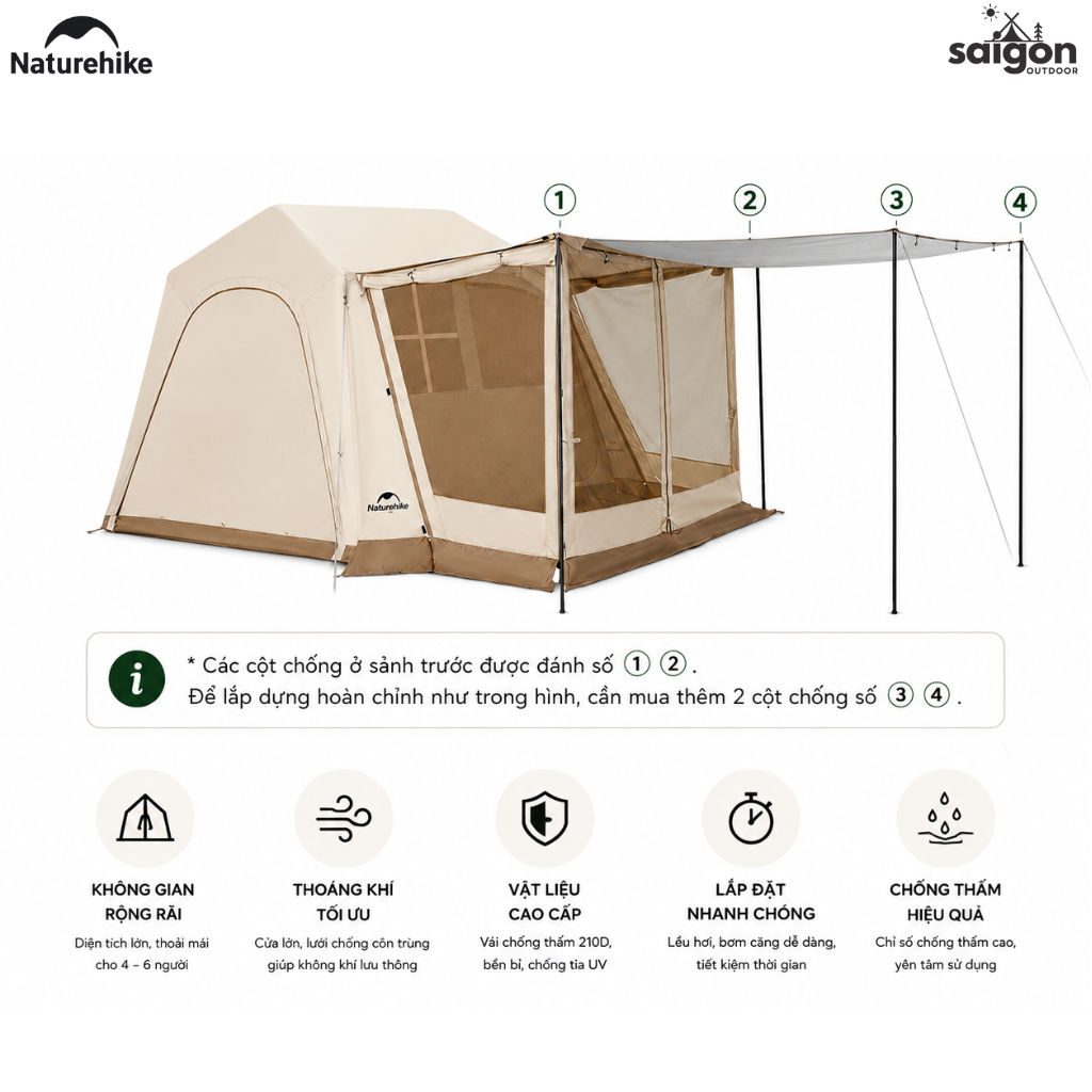 Lều Hơi Naturehike Village 6.0 CNK2650WS037, Lều Cắm Trại Bơm Hơi Tự Dựng, Chống Nước Chống Nắng UPF50+ - Mẫu Flaship (Tặng kèm thảm lót)