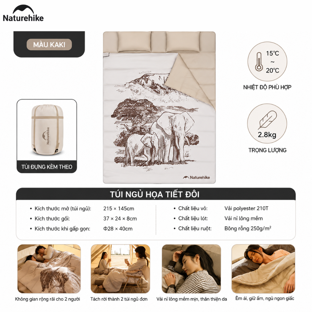 Túi Ngủ Đôi Naturehike Cho 2 Người, Giữ Ấm 15°C, Kèm 2 Gối & Túi Đựng, Camping Dã Ngoại NH21MSD06