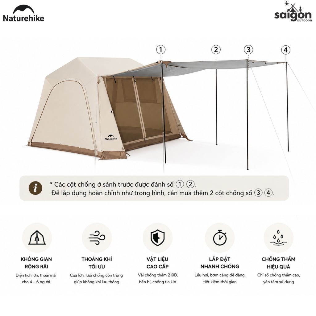 Lều Hơi Naturehike Village 6.0 CNK2650WS037 - Lều Cắm Trại Gia Đình Bơm Hơi Chống Nước 3000mm, Chống UV UPF50+(Tặng kèm thảm lót)