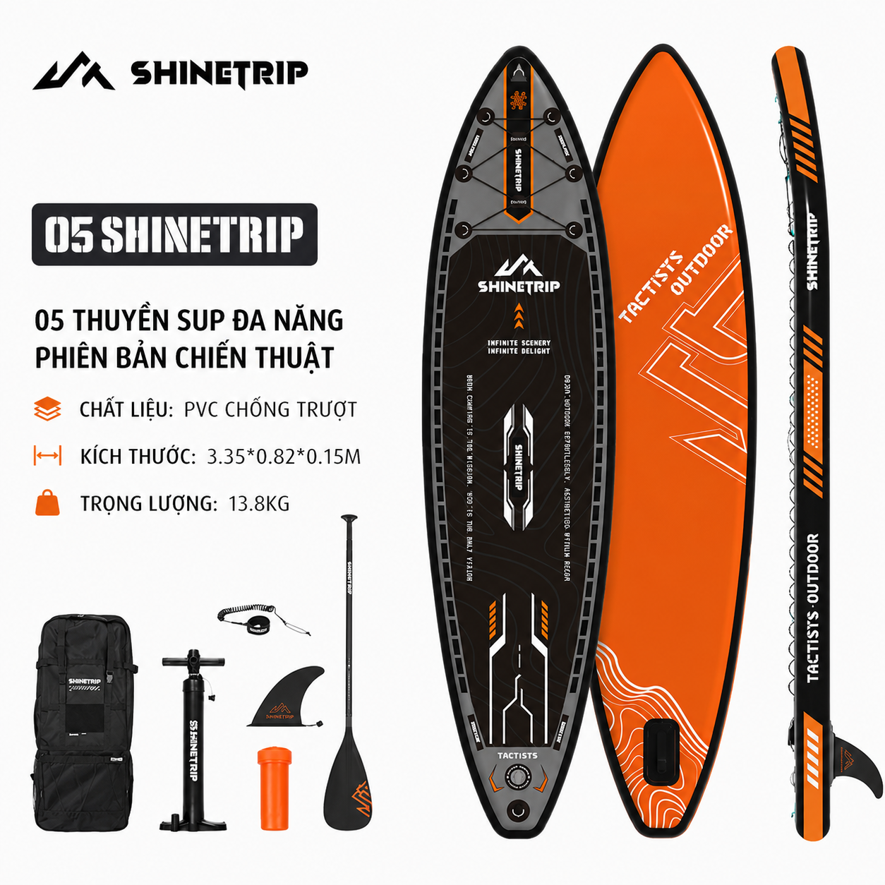 Ván Chèo SUP Bơm Hơi ShineTrip Tactical 3.35m - Bộ SUP Đứng Chèo Đa Năng PVC 2 Lớp Chống Trượt Kèm Phụ Kiện