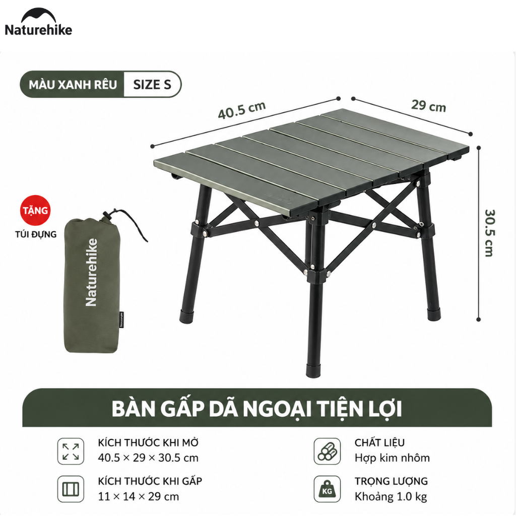 Bàn Gấp Dã Ngoại Naturehike Hợp Kim Nhôm 6063 Siêu Nhẹ 1kg, Bàn Camping Xếp Gọn CNH22JU050