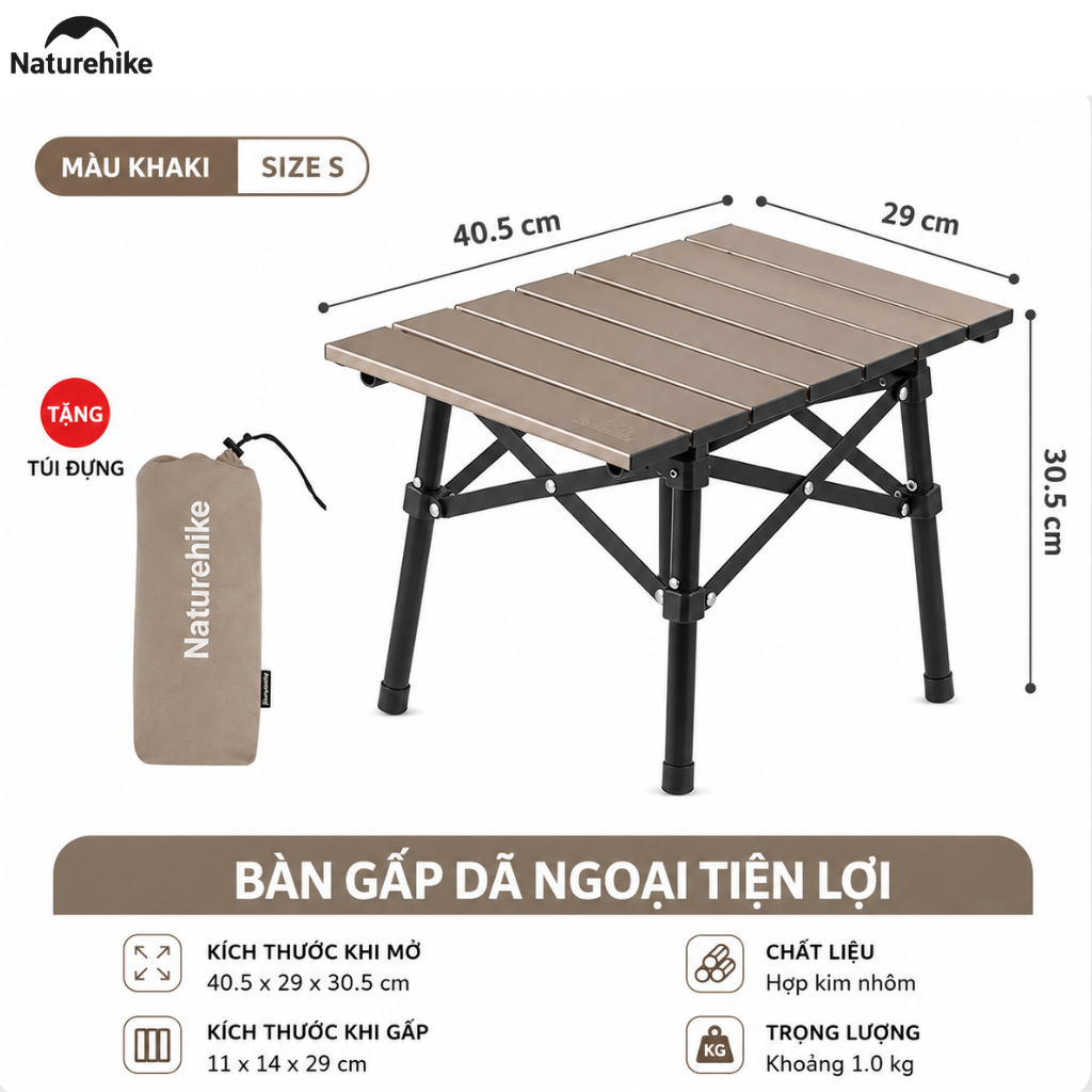 Bàn Gấp Dã Ngoại Naturehike Hợp Kim Nhôm 6063 Siêu Nhẹ 1kg, Bàn Camping Xếp Gọn CNH22JU050
