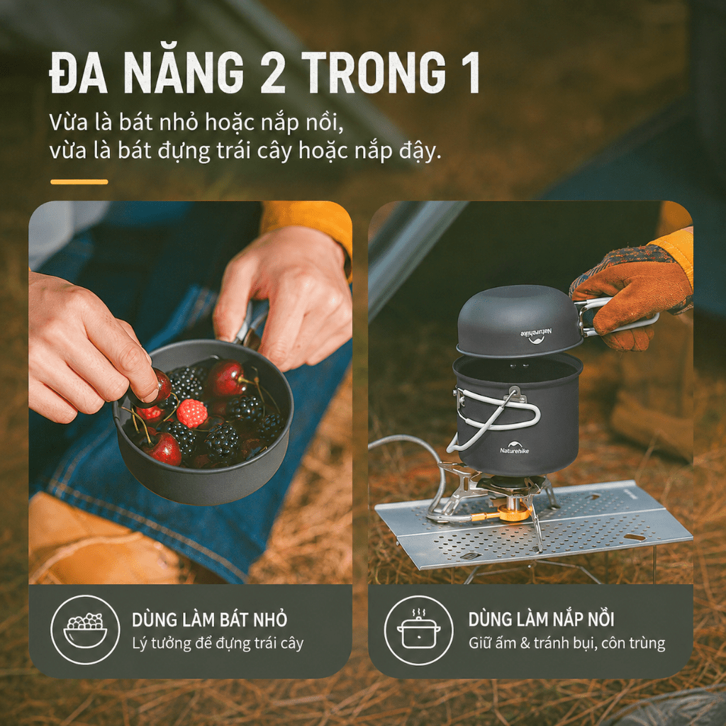 Bộ Nồi Dã Ngoại Naturehike 4 Món Hợp Kim Nhôm 3003 Chống Dính, Tay Cầm Gấp Gọn NH18T018-G
