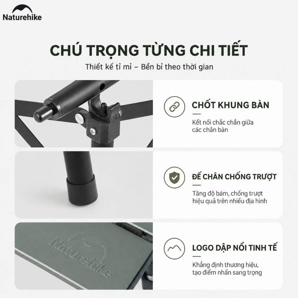 Bàn Gấp Dã Ngoại Naturehike Hợp Kim Nhôm 6063 Siêu Nhẹ 1kg, Bàn Camping Xếp Gọn CNH22JU050