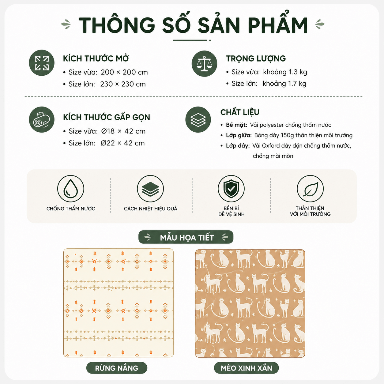 Thảm Dã Ngoại Naturehike Chống Thấm 2 Mặt Thảm Camping Picnic Gấp Gọn, Chần Bông Êm, Giặt Máy CNK2350WS010