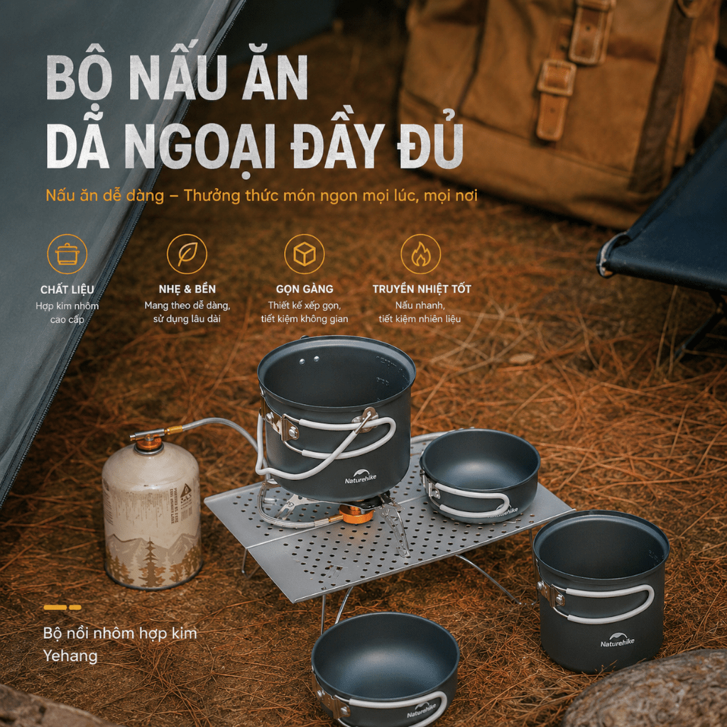 Bộ Nồi Dã Ngoại Naturehike 4 Món Hợp Kim Nhôm 3003 Chống Dính, Tay Cầm Gấp Gọn NH18T018-G