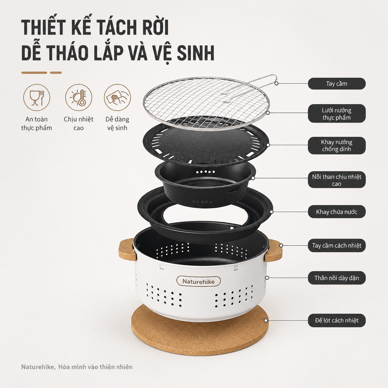 Bếp Nướng Than Hoa Naturehike Để Bàn Tròn 30cm, Bếp Nướng BBQ Camping Dã Ngoại CNK2550CF010