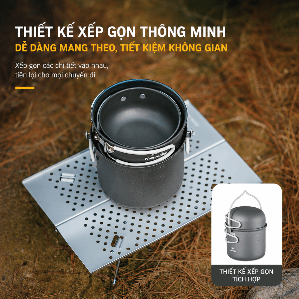Bộ Nồi Dã Ngoại Naturehike 4 Món Hợp Kim Nhôm 3003 Chống Dính, Tay Cầm Gấp Gọn NH18T018-G