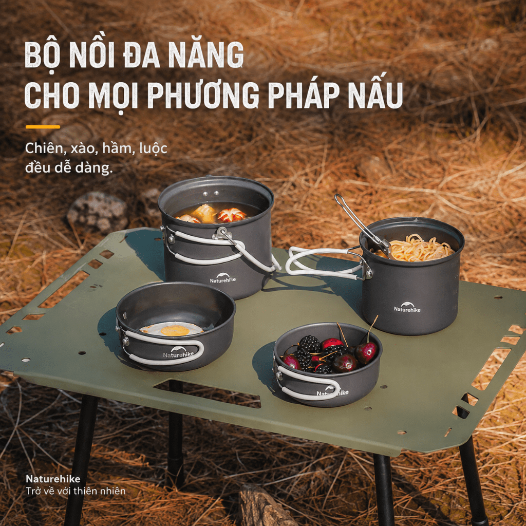 Bộ Nồi Dã Ngoại Naturehike 4 Món Hợp Kim Nhôm 3003 Chống Dính, Tay Cầm Gấp Gọn NH18T018-G